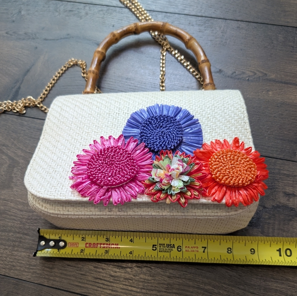 Haute Hippie White Woven Top-Handle Bag with Pink, Blue & Red Floral Appliqués - Picture 11 of 11